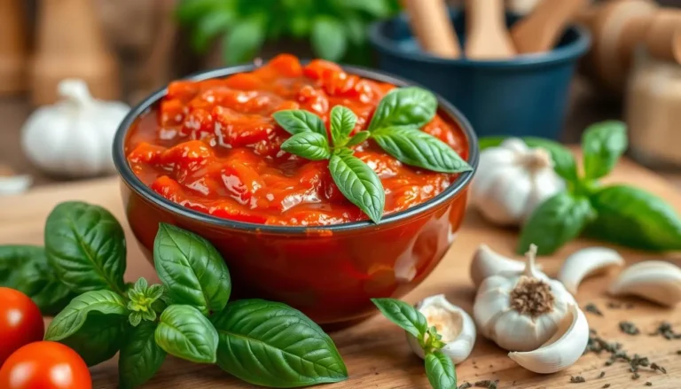 Un bol vibrant de sauce tomate riche et brillante pour pizza, entouré de feuilles de basilic frais, de gousses d'ail et d'une pincée d'origan